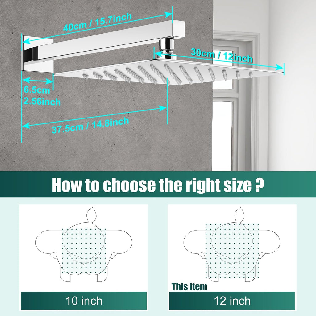 Heyalan Shower System Square Rain Shower System Head Shower Faucet Fixture 2 in 1 Handheld Shower Sprayer Rough in Valve Wall Mount Bathroom Rainfall Combo Set High Pressure,12 Inch,Polished Chrome