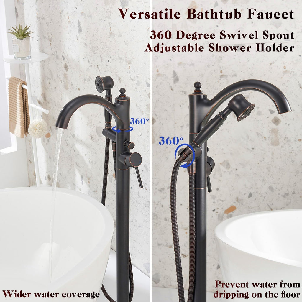 Freestanding Bathtub Faucet, Classic Free Standing Tub Faucet with Retro Handheld Sprayer High Flow Max 7.04GPM Floor Mounted Tub Fillers Swivel Spout Tub Faucets Oil Rubbed Bronze (WT-9002ORB)