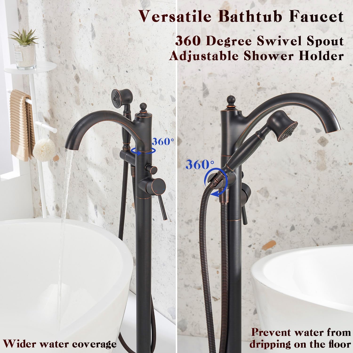 Freestanding Bathtub Faucet, Classic Free Standing Tub Faucet with Retro Handheld Sprayer High Flow Max 7.04GPM Floor Mounted Tub Fillers Swivel Spout Tub Faucets Oil Rubbed Bronze (WT-9002ORB)