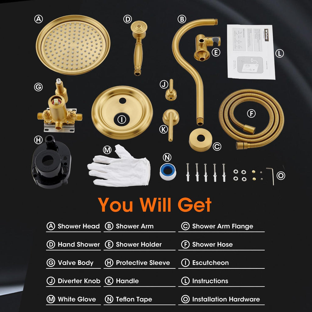 Rainfall Shower System Shower Faucet Set with Rain Shower Head and Handheld Spray, 9 inch Wall Mounted Bathroom Antique Luxury Mixer Combo Set with Pressure Balance Valve, Brushed Gold