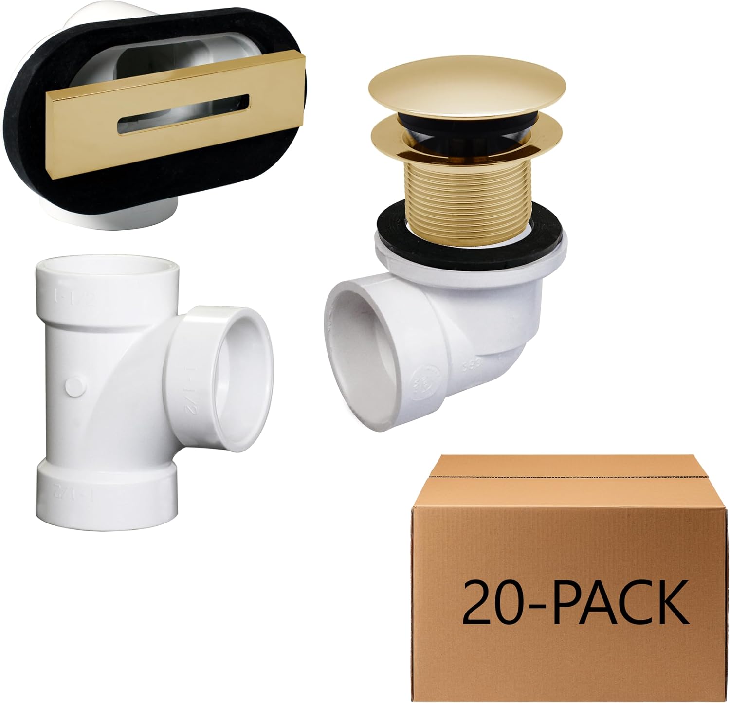 Westbrass D560RK-01 SCH. 40 PVC 1-1/2' Coarse Thread Plumber's Pack Tip-Toe Bathtub Drain Plug with Linear Overflow Faceplate, Tee & Elbows, Polished Brass (20-Pack)