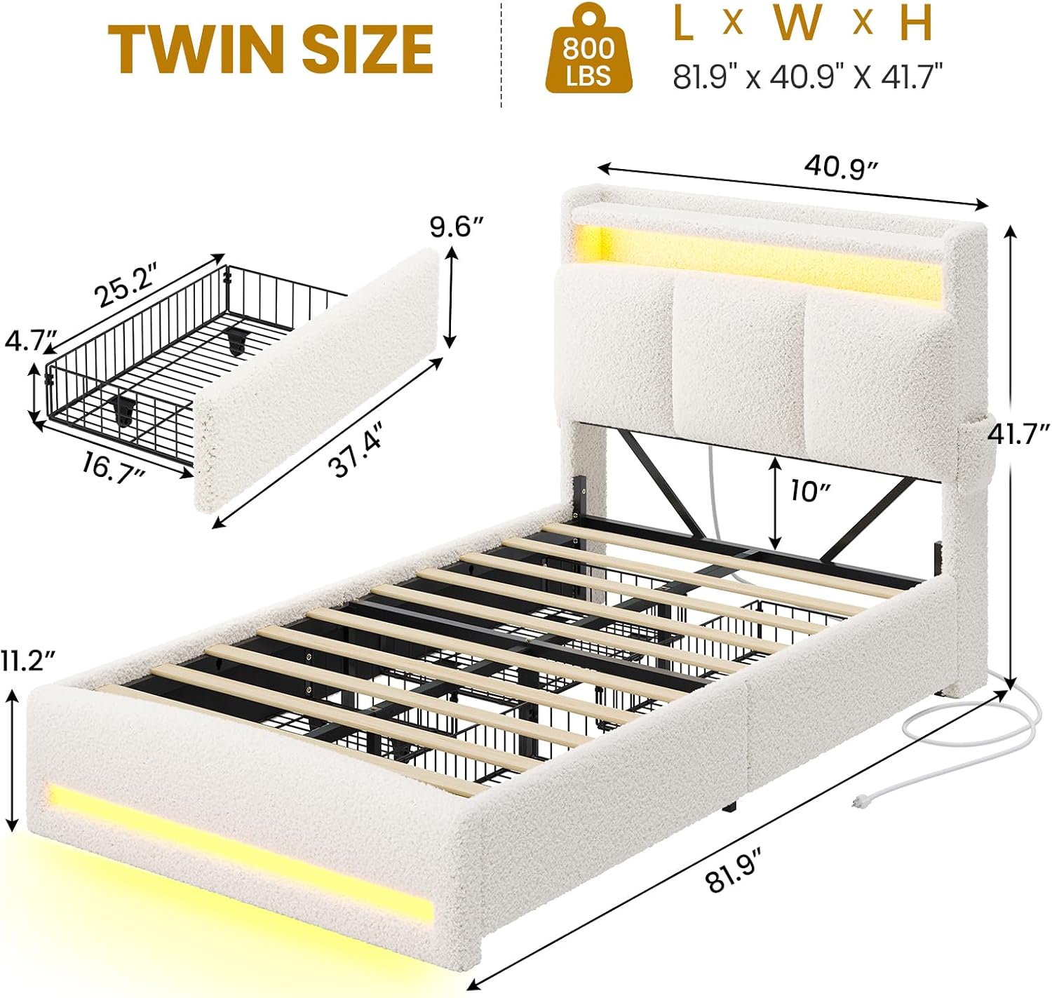VIAGDO Twin Bed Frames with Storage Headboard and Charging Station, Boucle Upholstered Bed Frame Twin Size with 4 Drawers and LED Lights, Type C and USB, No Box Spring Needed, Cream White