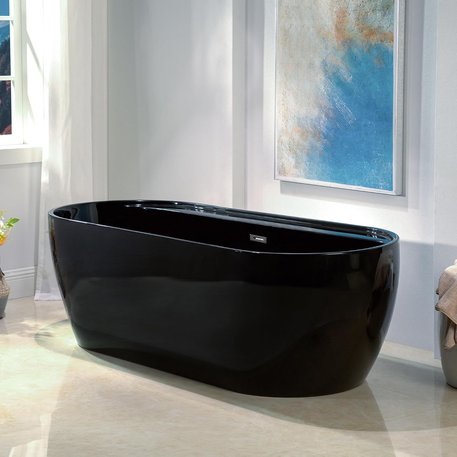 WOODBRIDGE 72' L x 35-3/8' W Freestanding Contemporary Acrylic Soaking Bathtub in Glossy Black Inside and Outside with Brushed Nickel Drain & Overflow,B8859-BN