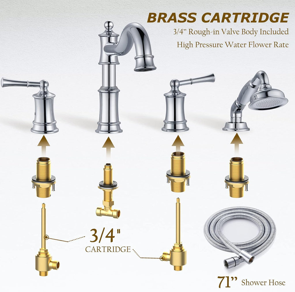 Roman Bathtub Faucet Set With Hand Shower 4 Hole Deck Mount Tub Filler With Diverter, 2 Lever Handle Rough-in Valve and Water Supply Lines Included for Bathroom Tub, Chrome