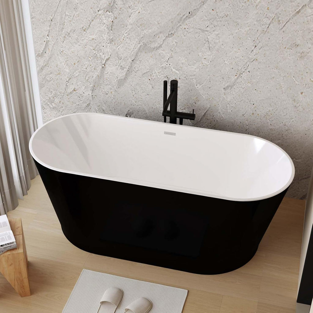 59' Oval Freestanding Soaking Bathtub with Toe-Tap Chrome Drain, Stand Alone Tub, Acrylic Soaking Tub, Ergonomic (Black, 59')