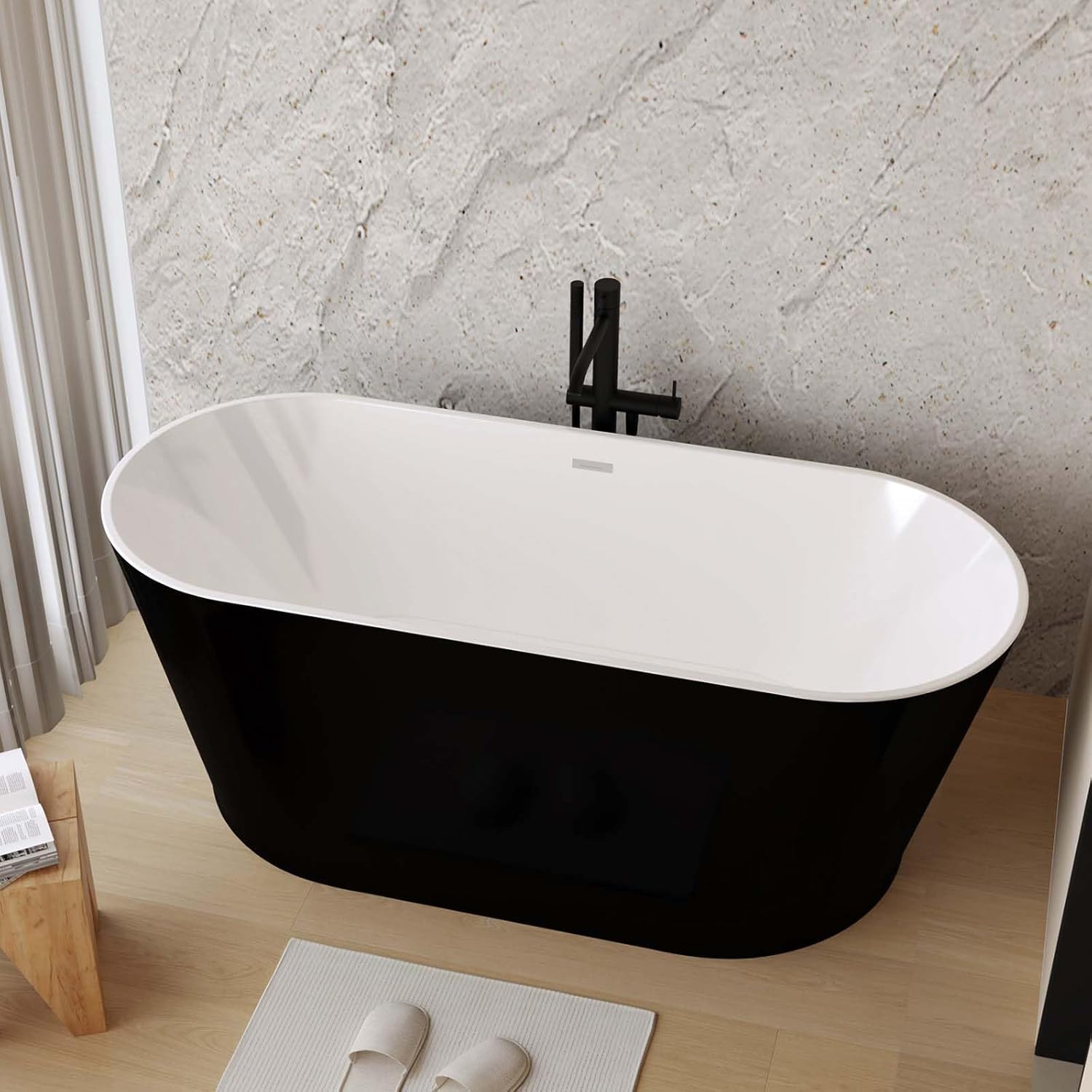 59' Oval Freestanding Soaking Bathtub with Toe-Tap Chrome Drain, Stand Alone Tub, Acrylic Soaking Tub, Ergonomic (Black, 59')