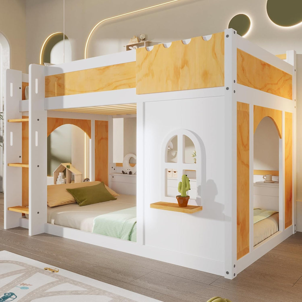MERITLINE Twin Over Twin Bunk Bed with Storage Shelves,Window,and Doors,Solid Wood Floor House Bunk Bed with Storage, Ladder and Guardrails for Teens Adults