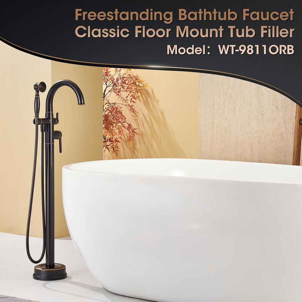 Freestanding Tub Faucets Bathroom Floor Mounted Waterfall Tub Filler Brass High Flow Swivel Spout&Hand Shower Oil Rubbed Bronze