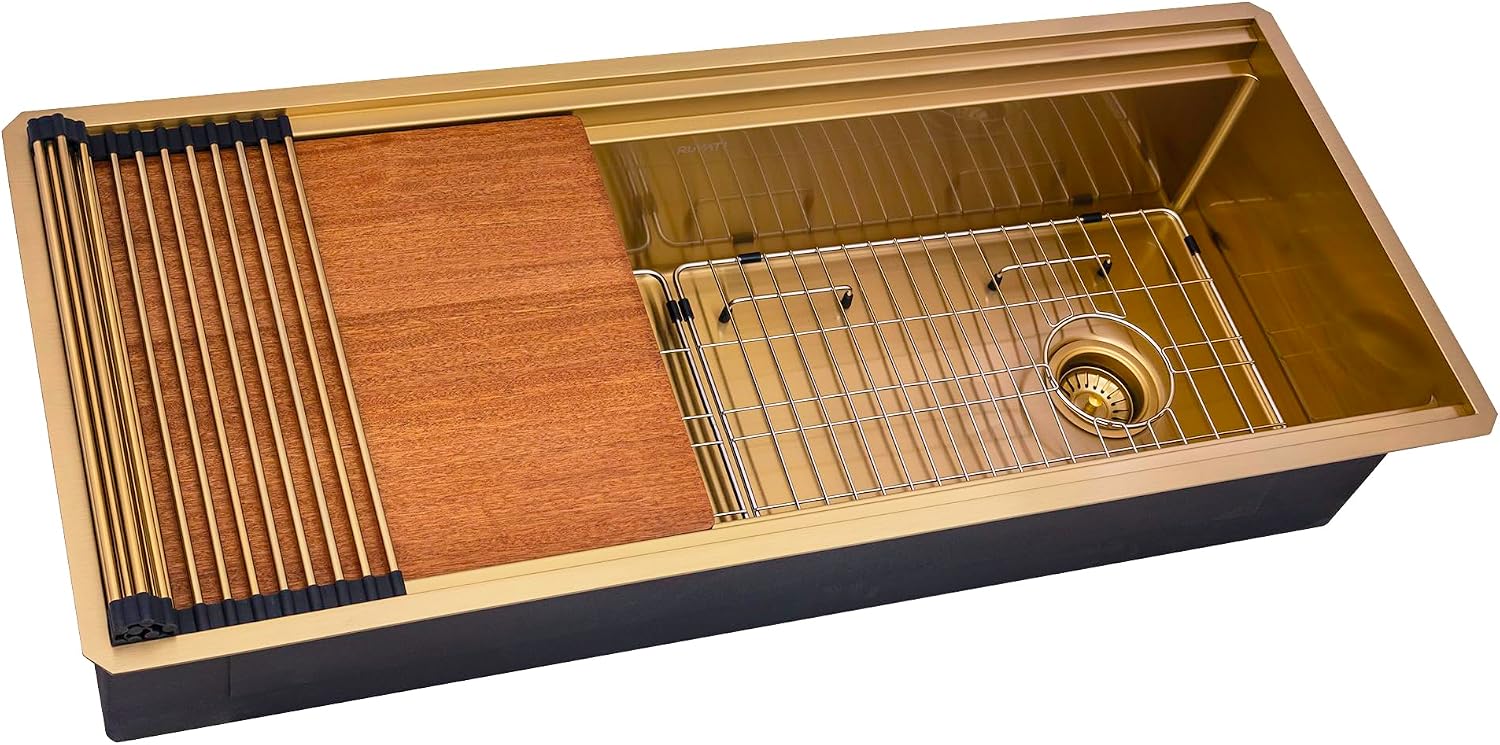 Ruvati 45-inch Polished Brass Matte Gold Stainless Steel Workstation Two-Tiered Ledge Undermount Kitchen Sink - RVH6333GG