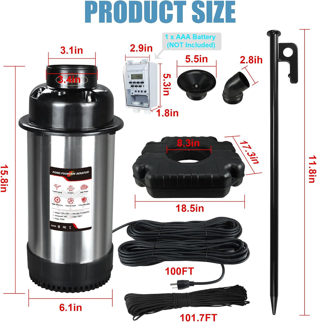 Goldlife Pond Fountain Aerator, F3 No Light, 1HP 750W 110V Stainless Steel Floating Fountain With 100 FT Power Cord, Black Octagon Aerating Fountain Pump for Small Large Ponds Lake Pool Bay Fish farm