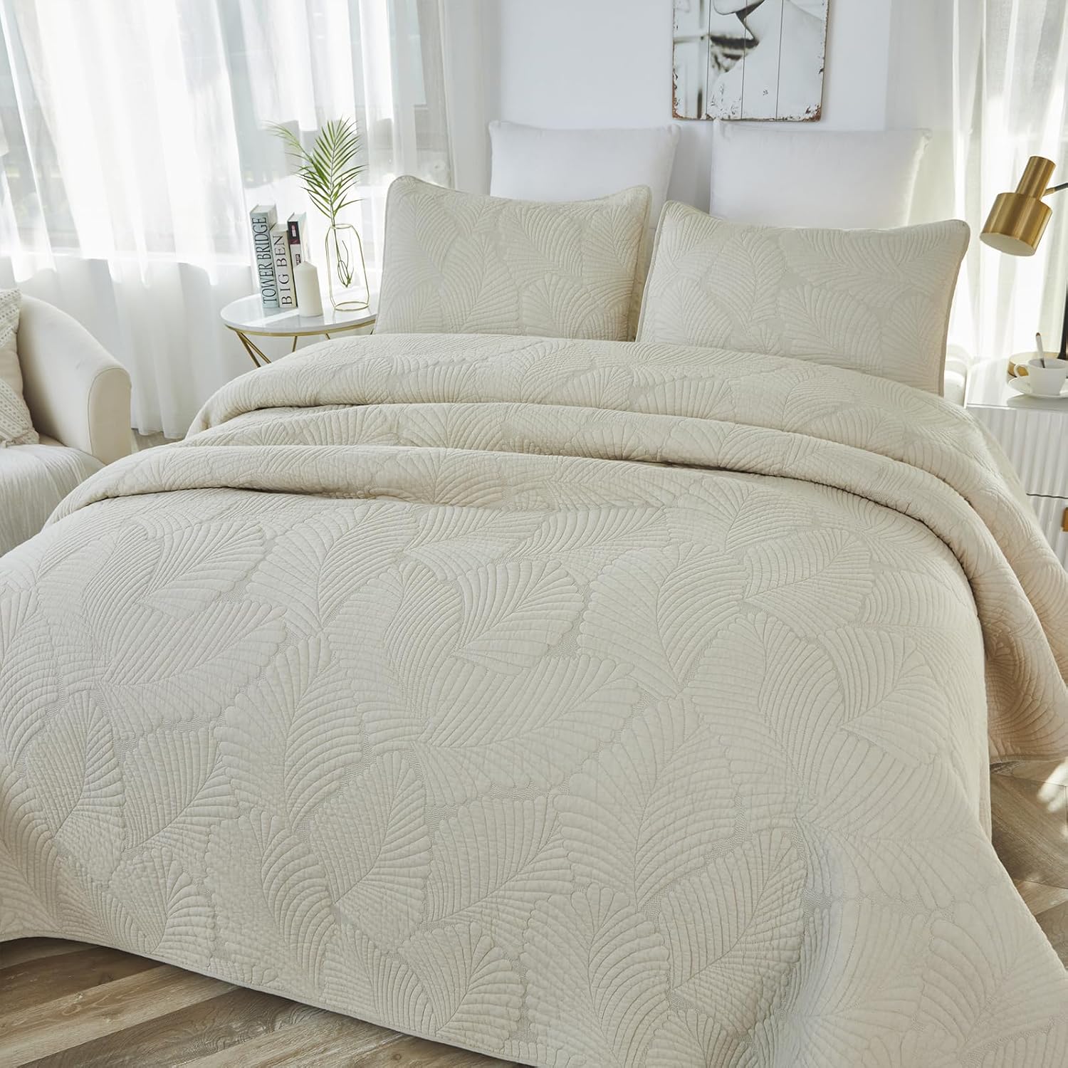 Brandream Beige Palm Stitch Quilt Set 100% Cotton King Size Luxury Embroidered Palm Leaf Bedding, Premium Hand-Stitched Tropical Quilt Set 3-Piece