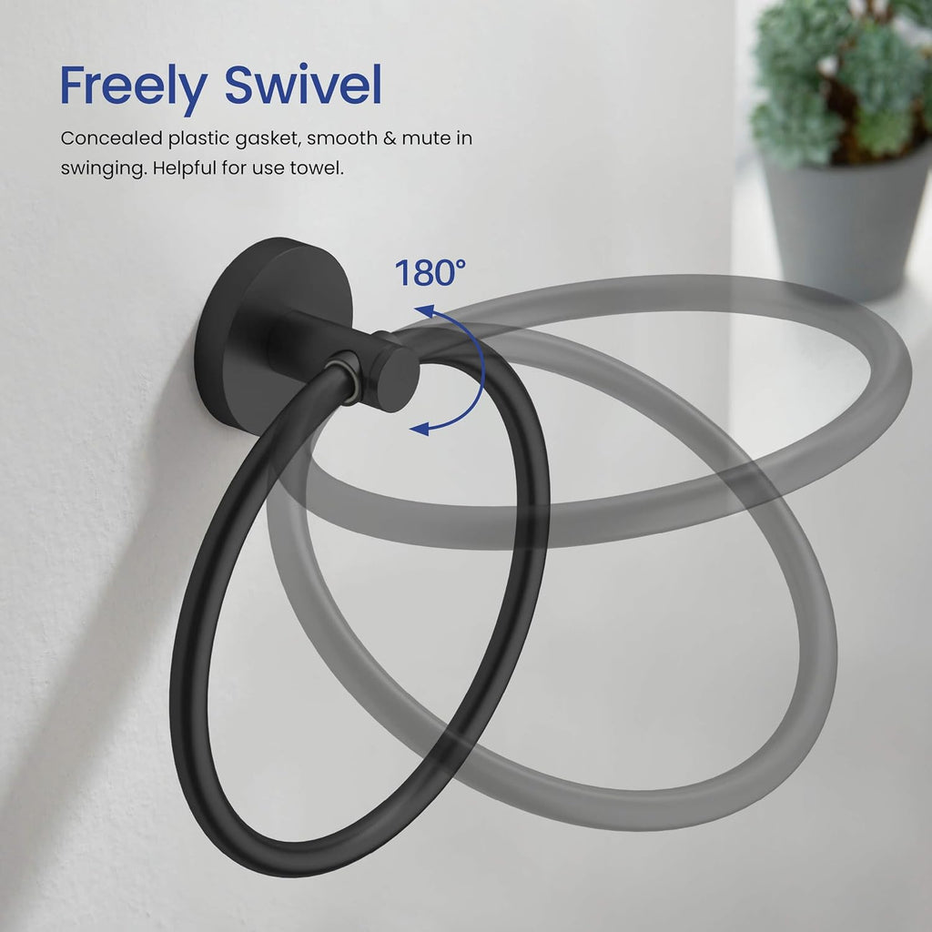 KIBI 5-Piece Bathroom Hardware Set – Wall Mounted Circular Bathroom Accessories Kit with 18 Inch Towel Bar, Towel Ring, Toilet Paper Holder & 2 Robe Hooks – Matte Black