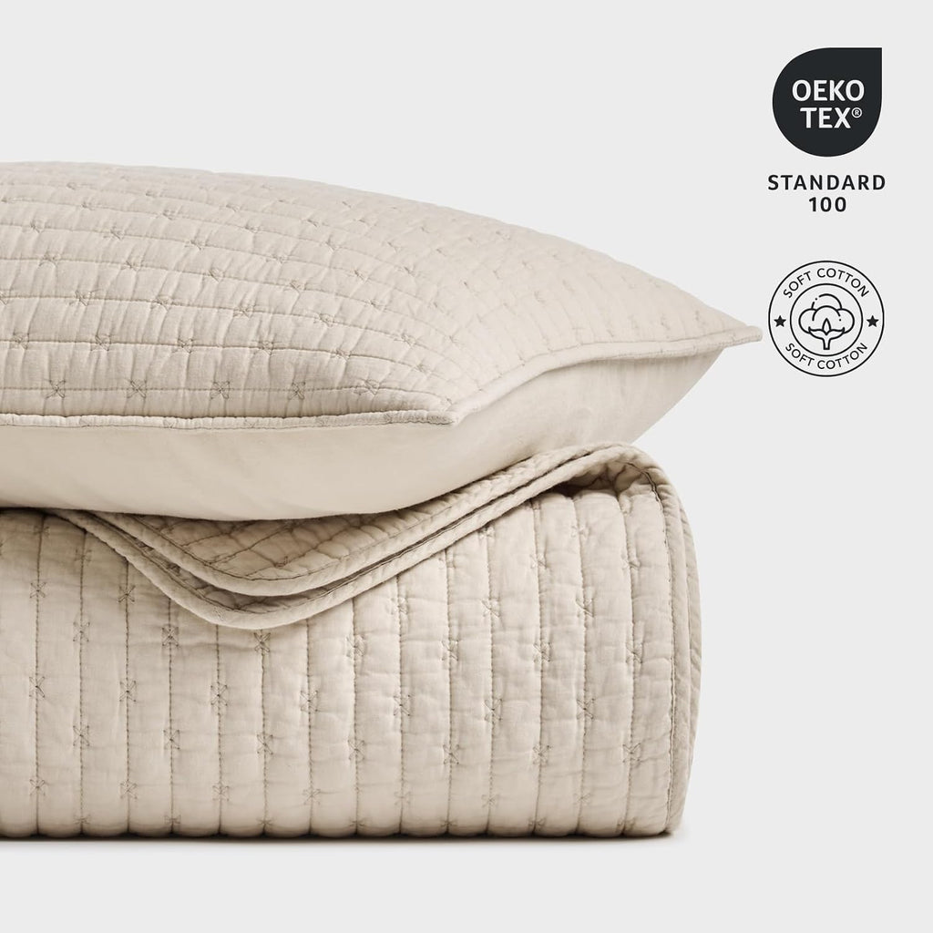 EVERGRACE Cross Stitch Pre-Washed Cotton Quilt Bedding Set King Size, Oversized 3 Pieces Lightweight Bedspread Coverlet for All Season, with 2 Matching Shams, Flax Beige,108'x96'
