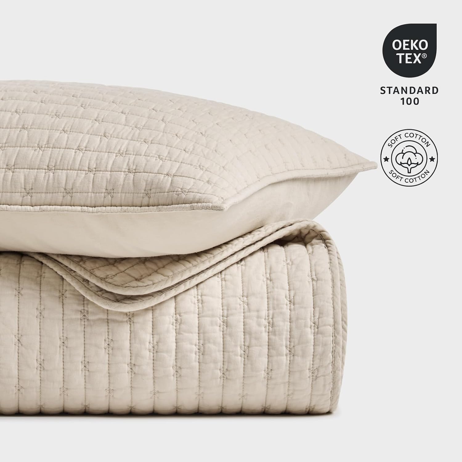 EVERGRACE Cross Stitch Pre-Washed Cotton Quilt Bedding Set King Size, Oversized 3 Pieces Lightweight Bedspread Coverlet for All Season, with 2 Matching Shams, Flax Beige,108'x96'
