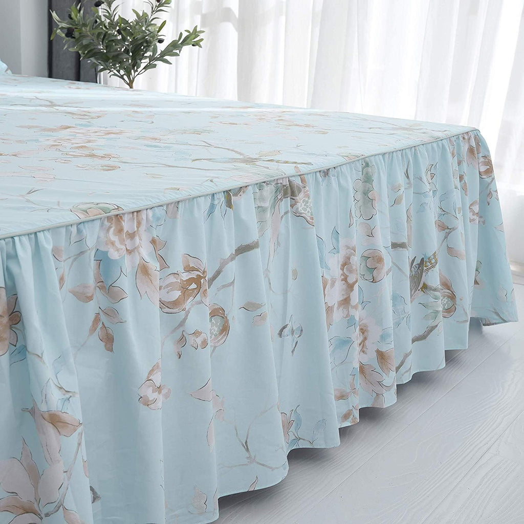 FADFAY Farmhouse Floral Bedding Shabby Blue Bird Print French Countryside Chic Bedding Set Luxury Bedskirt Collections 800 Thread Count 100% Egyptian Cotton, 4 Piece-California King Size