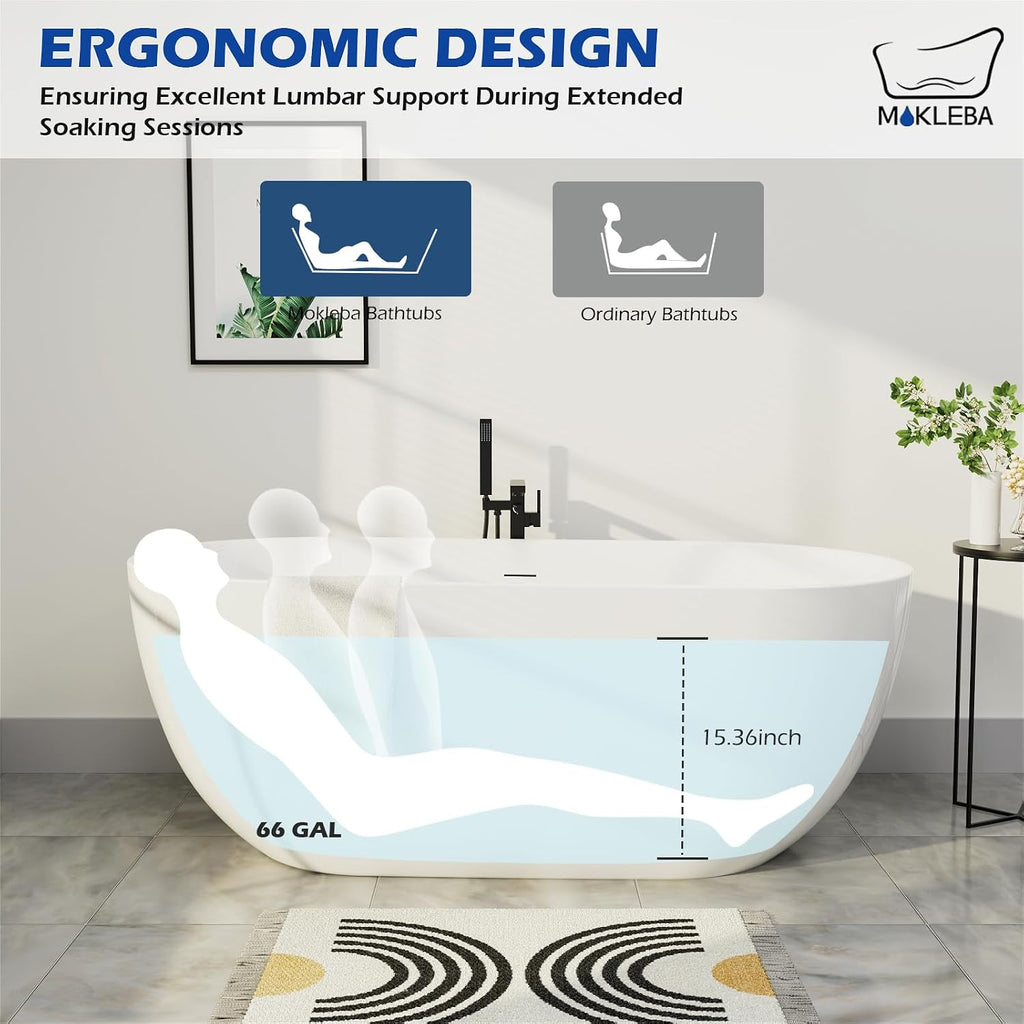 67' Acrylic Freestanding Bathtub, Elegant Oval Free Standing Tub, Soaking Tub with Integrated Slotted Overflow, Toe-Tap Chrome Drain, cUPC Certified, Glossy White