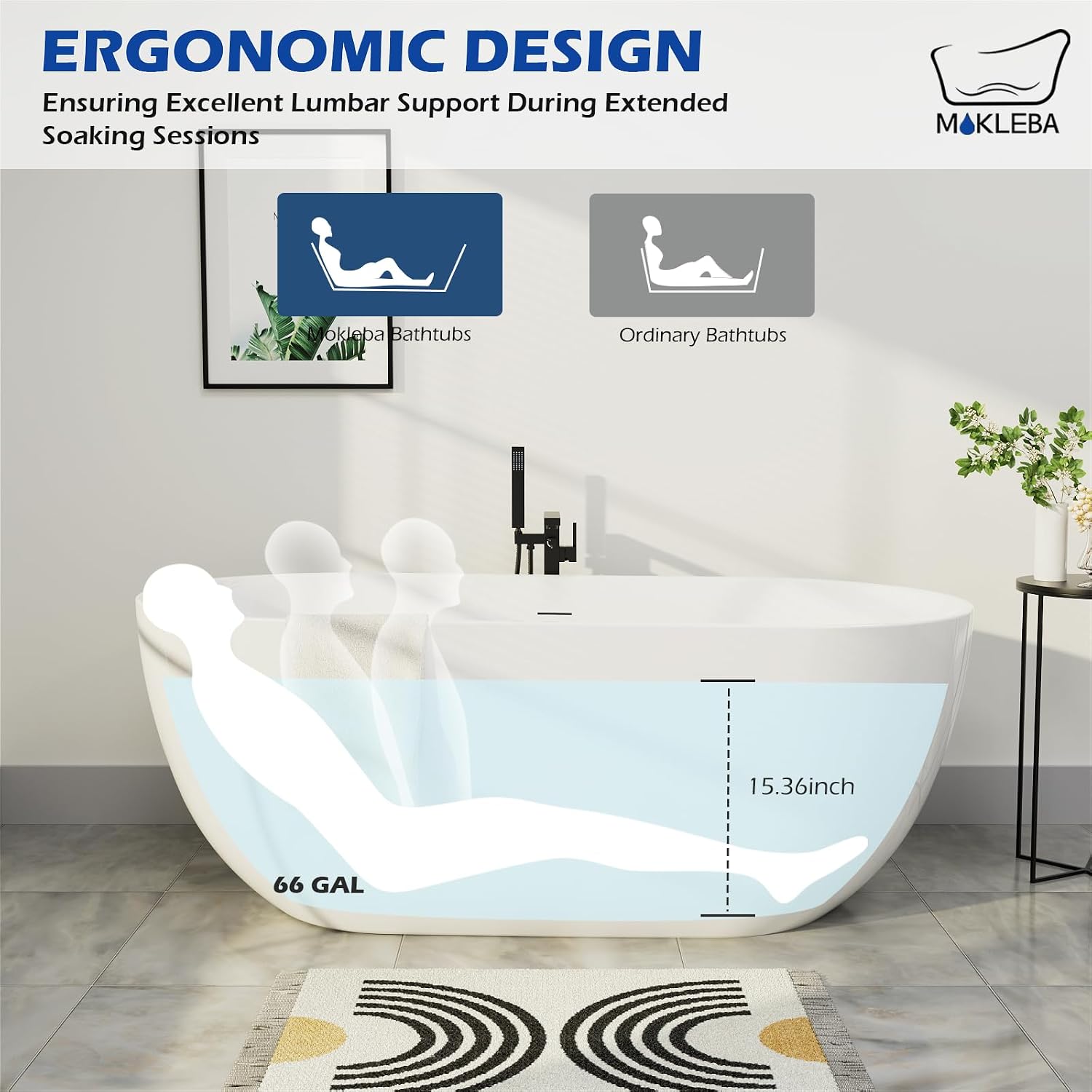 67' Acrylic Freestanding Bathtub, Elegant Oval Free Standing Tub, Soaking Tub with Integrated Slotted Overflow, Toe-Tap Chrome Drain, cUPC Certified, Glossy White