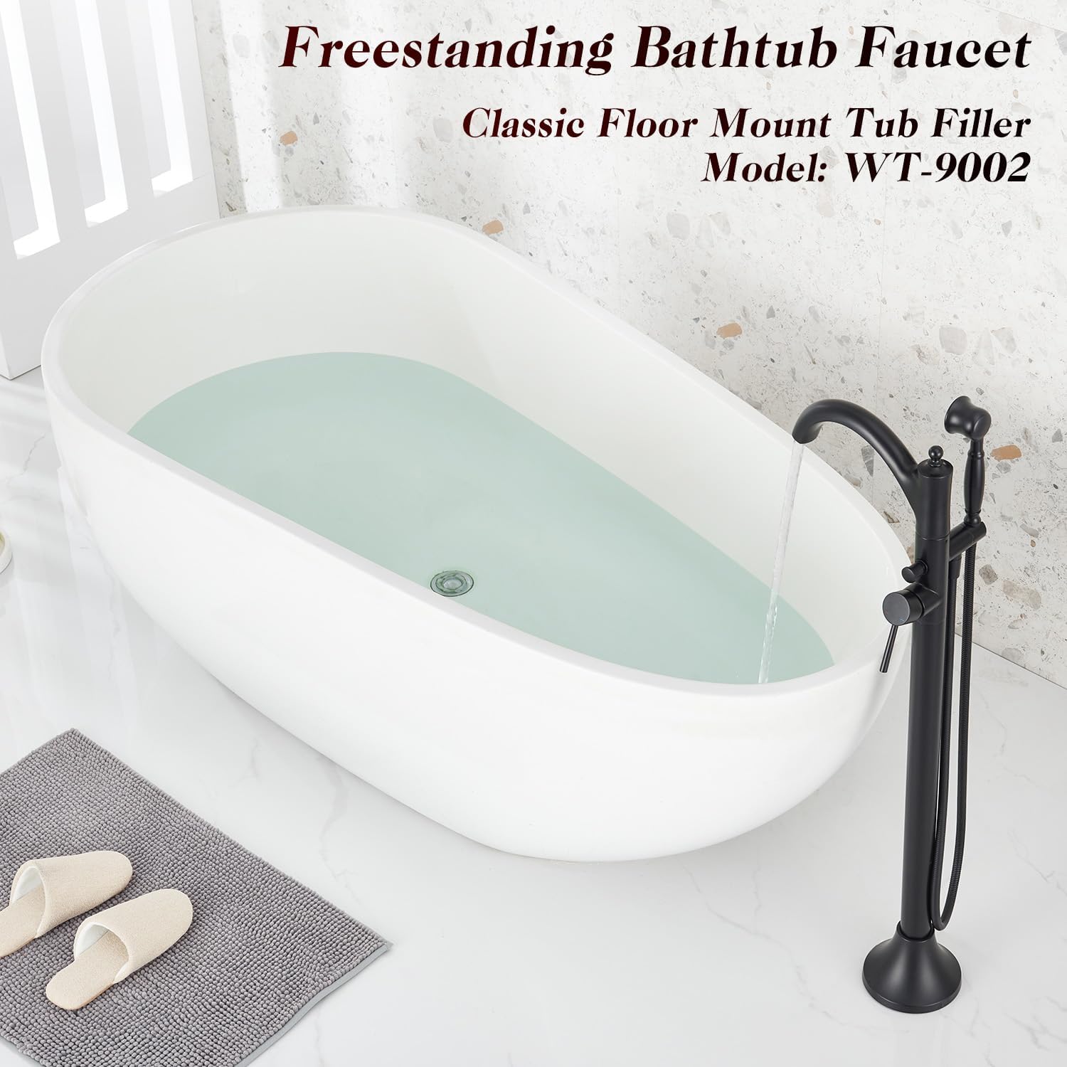 Freestanding Bathtub Faucet, Matte Black Classic Free Standing Tub Faucet with Vintage Handheld Sprayer High Flow Max 7.04GPM Floor Mounted Tub Filler (WT-9002BK)