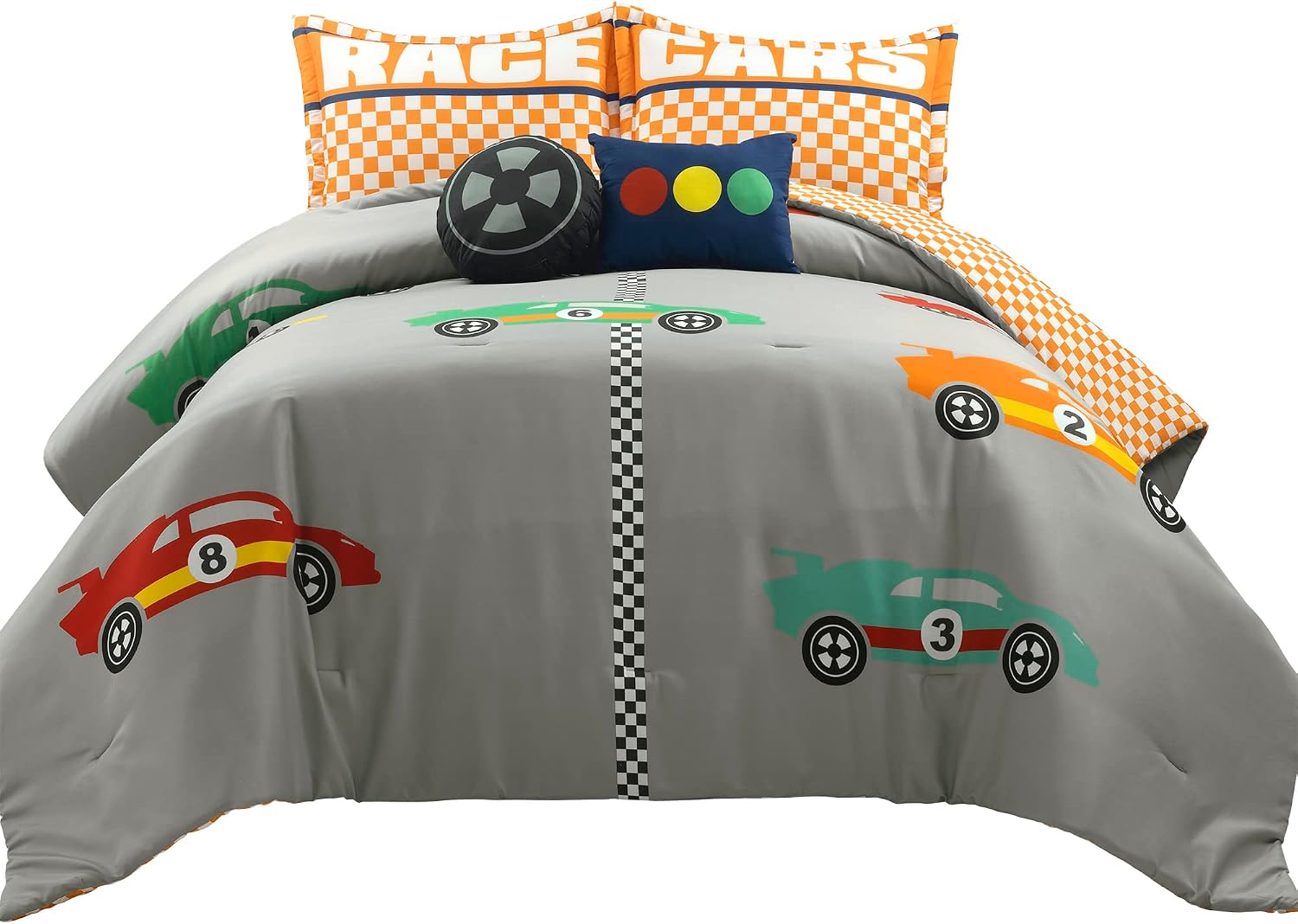 Lush Decor Racing Cars Reversible Comforter Queen Size 5 Piece Set Full/Queen Gray & Orange - Kids Bedding Set Queen Comforter - Car Decor