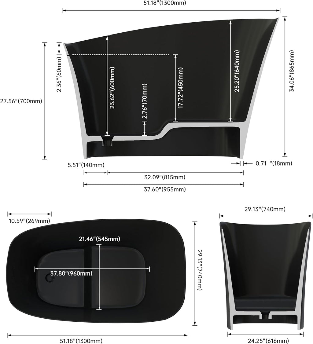 SJ STAR&JANE 51' Solid Surface Japanese Soaking Bathtub Stone Resin Freestanding Tub Deep Soaking Bathtub Sit-In Design with Overflow and Drain in Matte Black