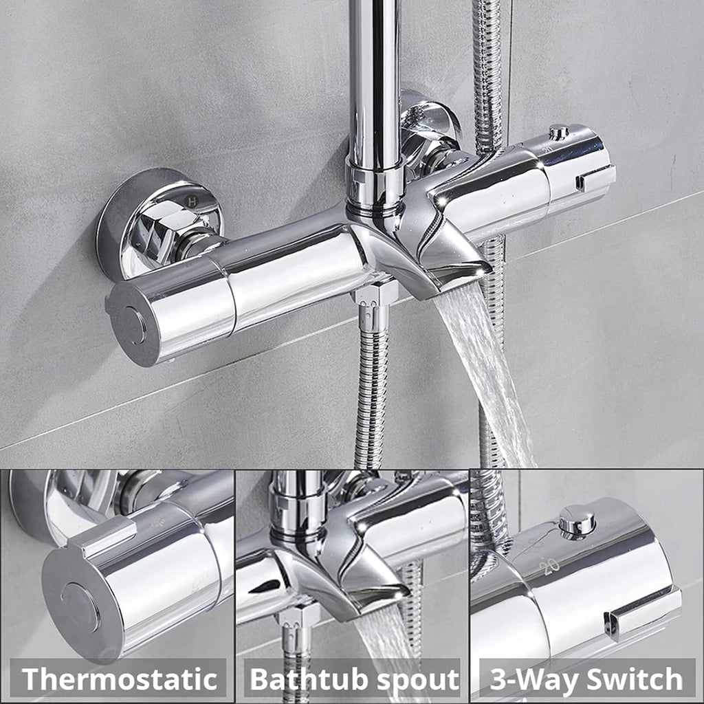 Shower Fixtures Thermostatic Brass Chrome Faucets Sets 3 Function Wall Mounted Exposed System Complete Set with Waterfall Tub Faucet