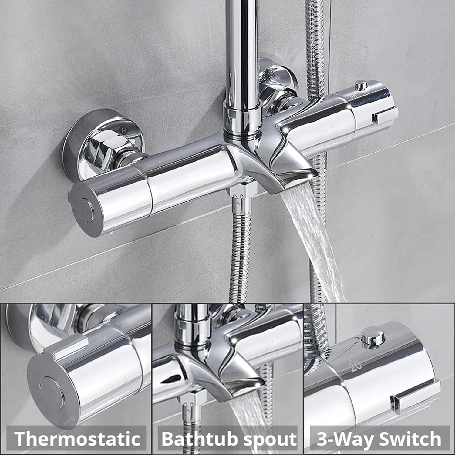 Shower Fixtures Thermostatic Brass Chrome Faucets Sets 3 Function Wall Mounted Exposed System Complete Set with Waterfall Tub Faucet