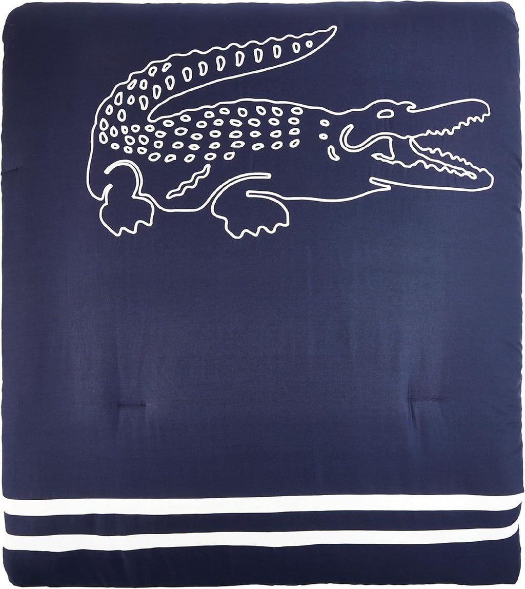 Lacoste Big Croc Comforter Set – 100% Cotton Percale 180-Thread Count, Reversible Duvet & Pillow Shams, Soft Breathable, Iconic Croc Logo, Navy, King