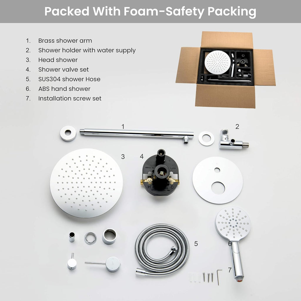 KIBI 2-Function Wall Mounted Circular Bathroom Shower System | Solid Brass Pressure Balanced Valve Shower Faucet Set with High Flow Showerhead and Handheld Spray for Bathroom (Chrome, KSF403)