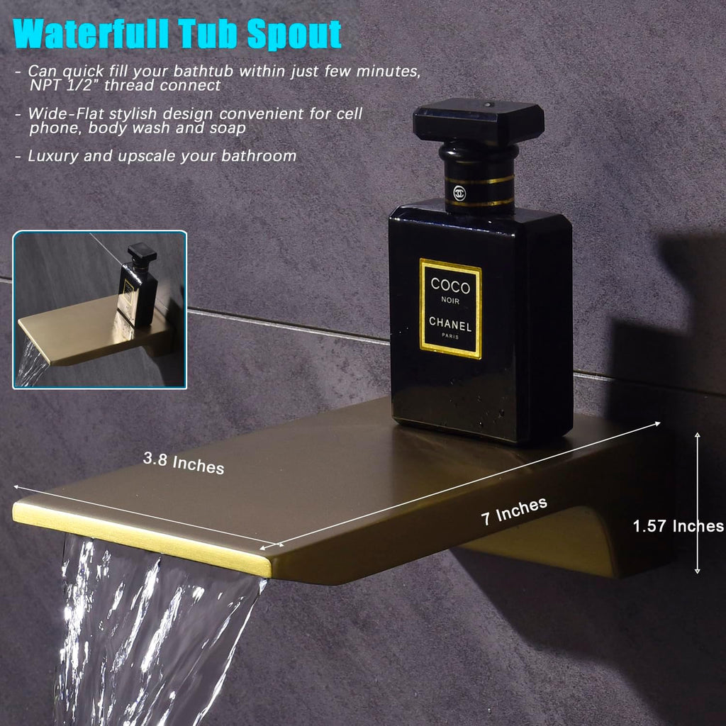 Shower System with Tub Spout 10 Inch Overhead Shower 4 Setting Handheld Spray Rough In Pressure Balance Valve Body with Trim Kit Wall Mounted Rainfall Bathtub Shower Faucet Set (Brushed Gold)