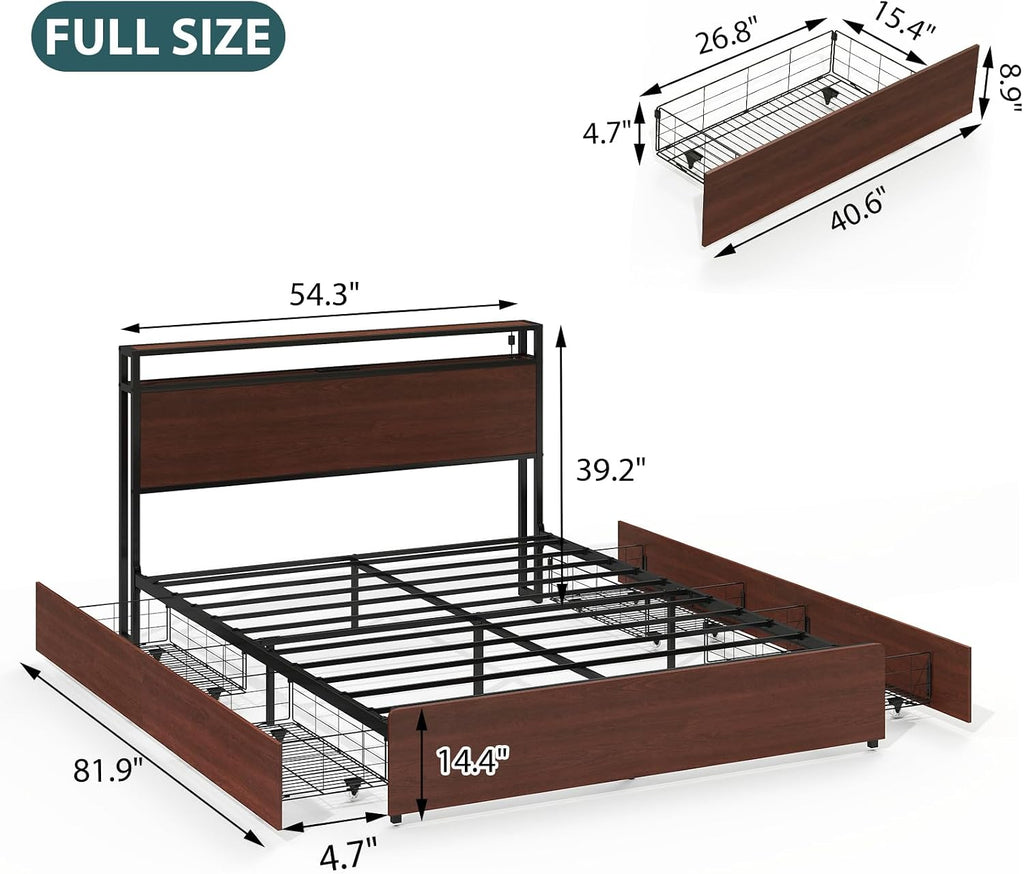 Zevemomo Full Size Bed Frame with 4 Storage Drawers, Full Platform Bed Frames with 2 Tier Storage Headboard, Charging Station, Adjustable LED Light, Noise-Free, No Box Spring Required, Reddish Brown