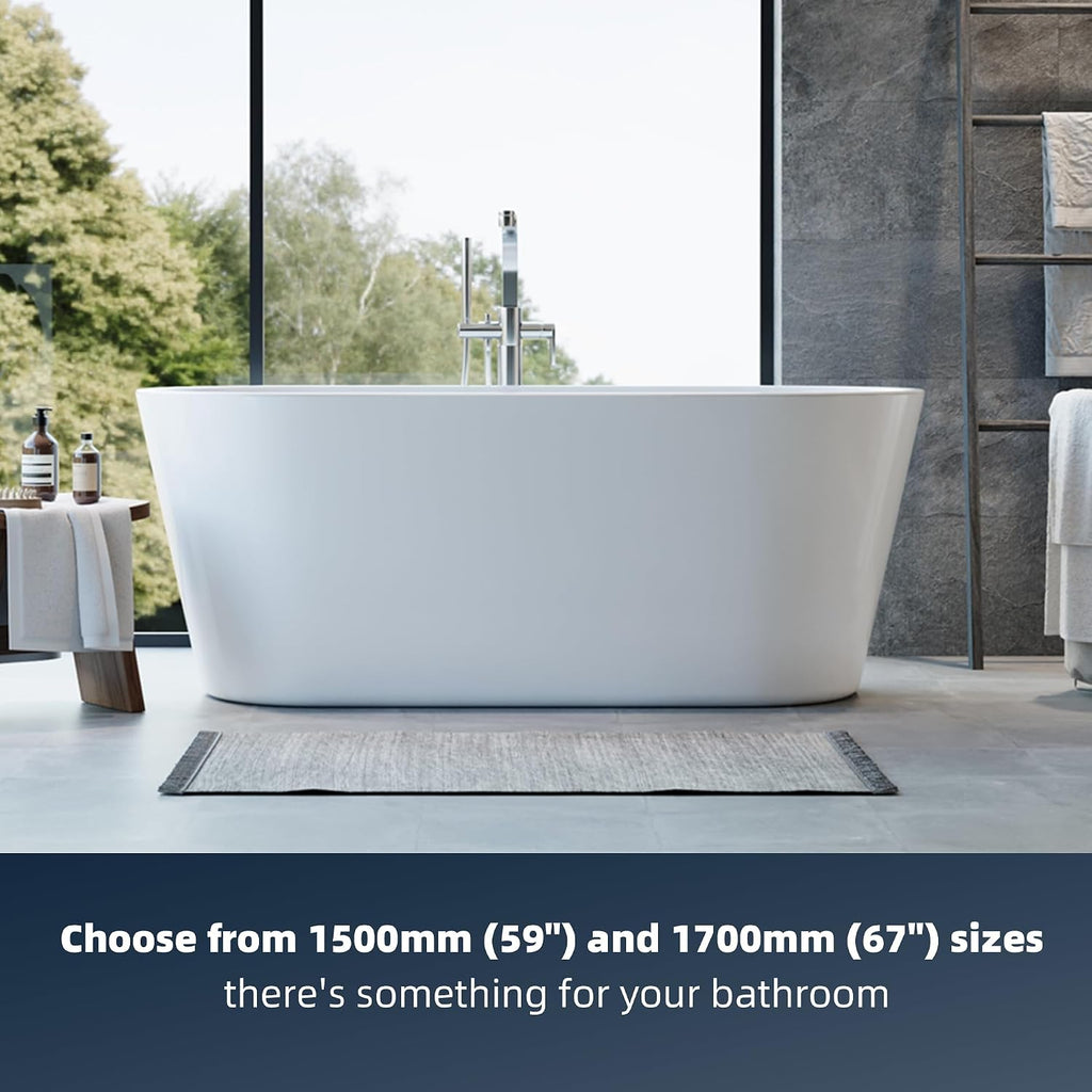 Acrylic Freestanding Bathtub, Deep Soaking Tub with Non-Slip Base, CUPC Certified Free Standing Tub, Chrome Drain Bath Tub, Modern Tub for Bathrooms, White, 59Inch