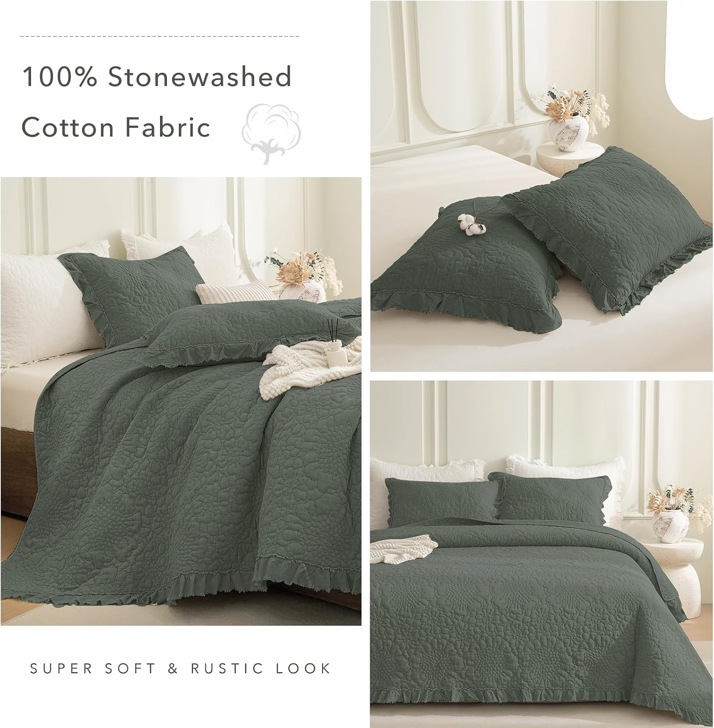 QSH Dark Green Oversized King Quilt Bedspread Set(128'x120'),3PCs Stonewashed Cotton Farmhouse Ruffled Bedspread California King,Shabby Soft Lightweight Crinkled Quilt Coverlet Bed with Pillow Shams