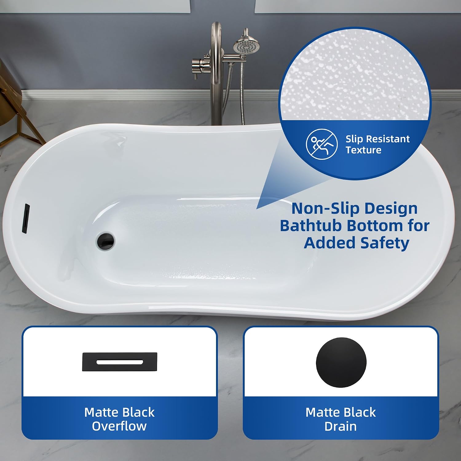 WOODBRIDGE 59' Acrylic Freestanding Bathtub Contemporary Soaking Tub with Matte Black Drain and Overflow,B1530-MB -Drain &O