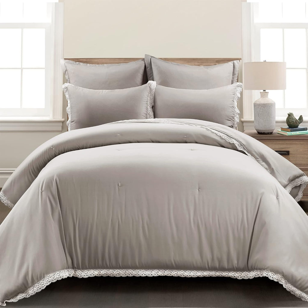 Lush Decor Rosalie Embellished Lace Comforter Set, 5 Piece Set, Full/Queen, Light Gray - Solid Color Bedding Set - Lace Trim Boho - Cottage Core Decor -