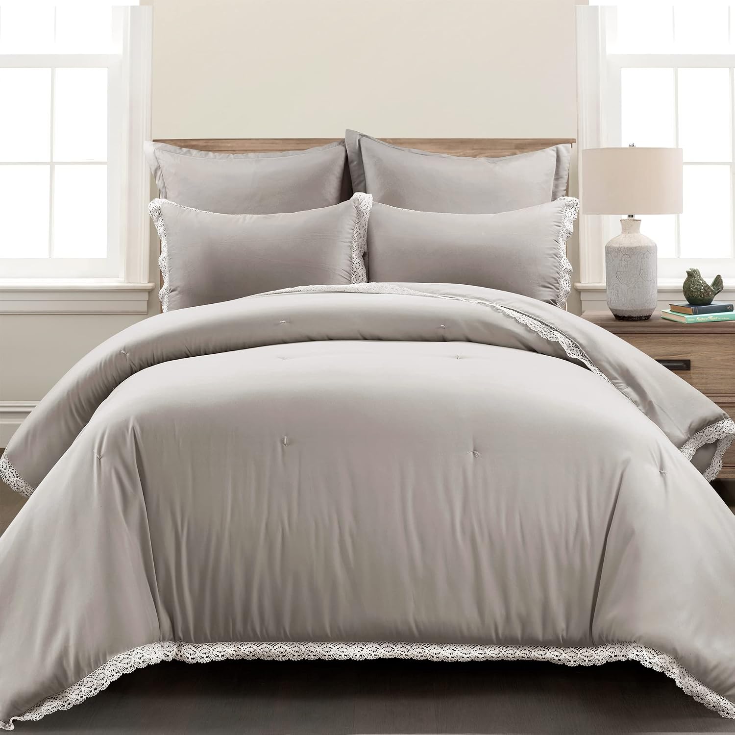 Lush Decor Rosalie Embellished Lace Comforter Set, 5 Piece Set, Full/Queen, Light Gray - Solid Color Bedding Set - Lace Trim Boho - Cottage Core Decor -