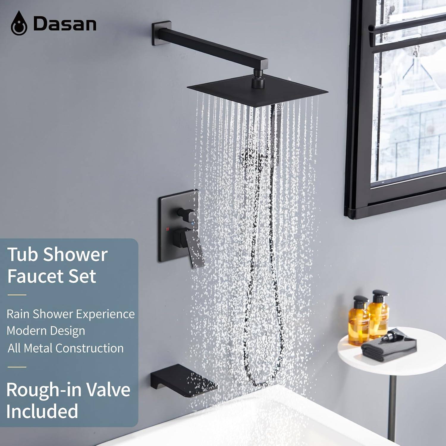 DASAN Tub Shower Faucets Sets Complete Matte Black Bathtub Shower System with Waterfall Tub Spout, Bathtub Faucet Set Tub and Shower Faucet Combo Trim Kit with Valve, DA-SS04MB-S10W