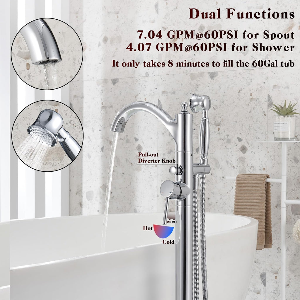 Free Standing Tub Faucet, Classic Freestanding Bathtub Faucet with Vintage Hand Shower Brass High Flow Rate Floor Mount Tub Filler Swivel Spout Soaker Tub Faucets Polished Chrome (WT-9002CP)