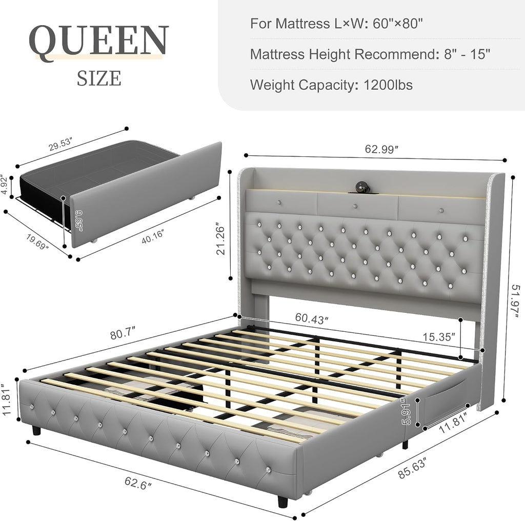 SIBEDS King Led Bed Frame with Galaxy Aurora Star Projector, Platform Beds with Charging Station, 52' Diamond Upholstered Wingback Bedframe with 2 Storage Drawers, No Box Spring Needed, PU Grey