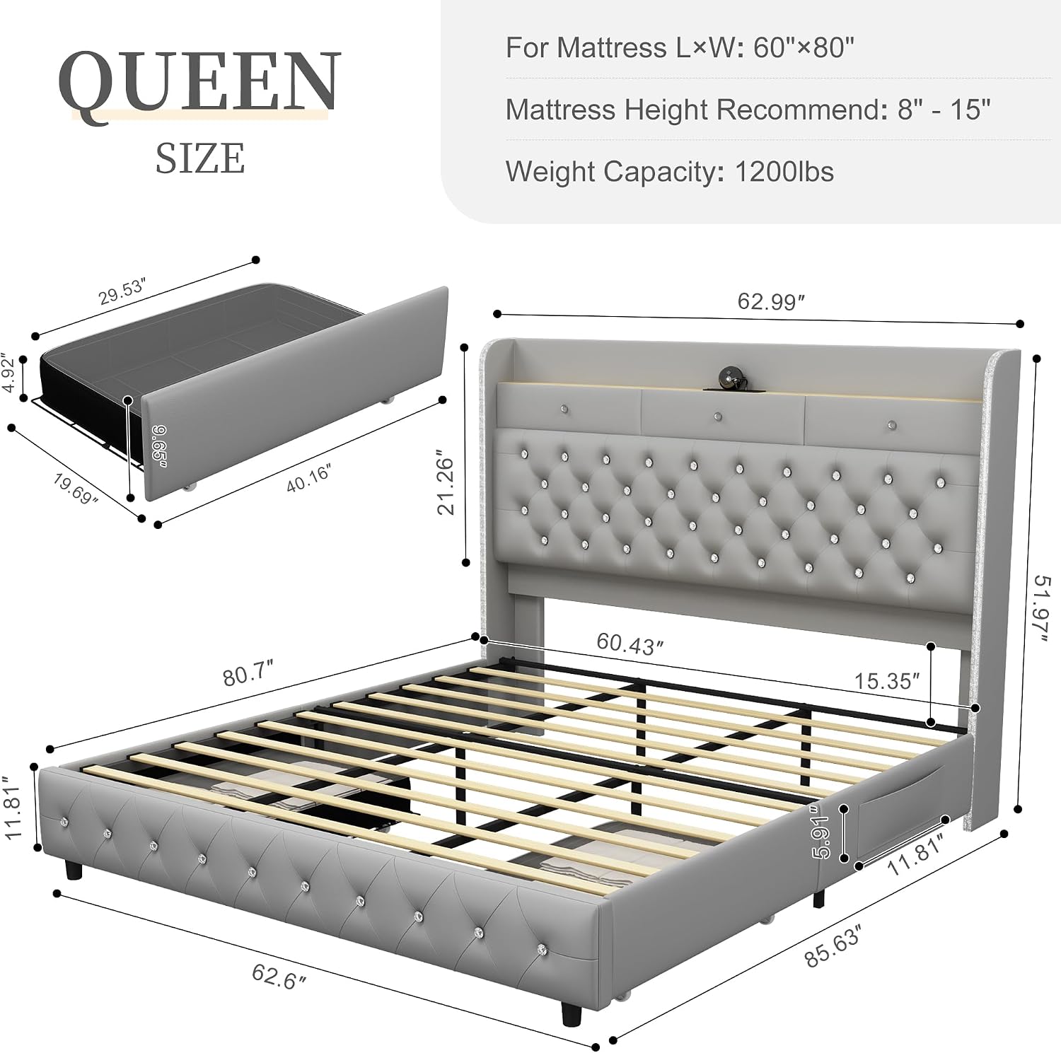 SIBEDS King Led Bed Frame with Galaxy Aurora Star Projector, Platform Beds with Charging Station, 52' Diamond Upholstered Wingback Bedframe with 2 Storage Drawers, No Box Spring Needed, PU Grey