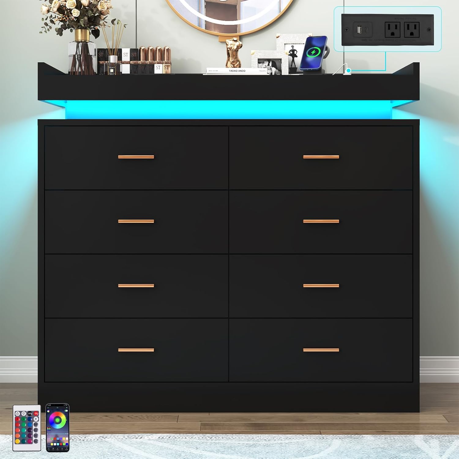 Hlivelood 8 Drawer Dresser with LED Light and Charging Station, Modern Chest of Drawers for Closet, Wide Drawer Organizer Cabinet for Bedroom, Living Room, Entryway, Hallway(Black)