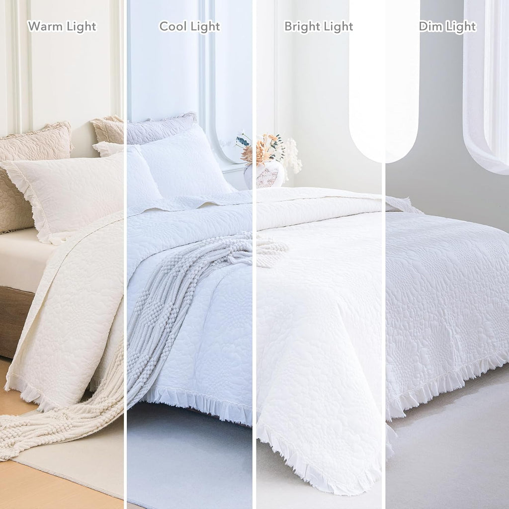 QSH Bright White Stonewashed Cotton Oversized King Quilt Bedspread Set(120'x120'),3PCs Shabby Ruffled Quilt California King,Ultra Soft Lightweight Crinkled Farmhouse Chic Bedspread Coverlet Bed Set