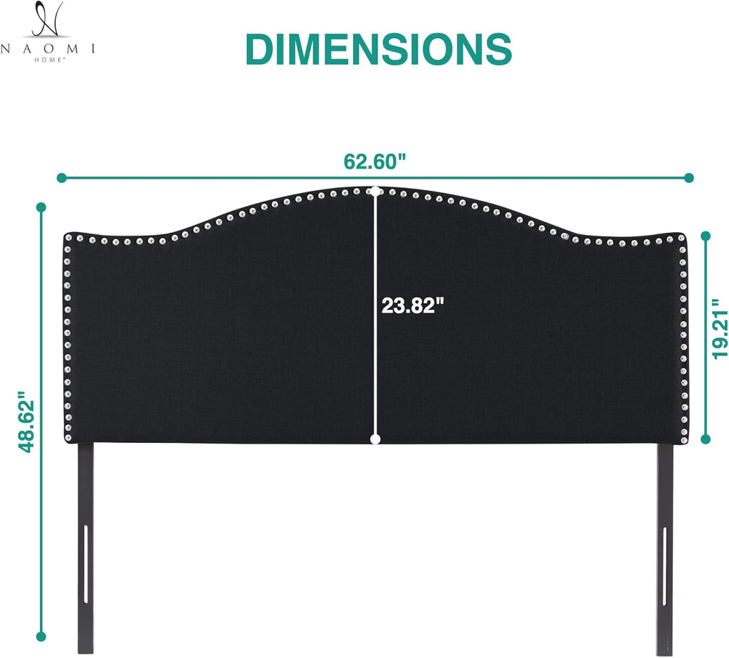 Naomi Home Catalina Queen Headboard – Upholstered Linen Tufted Panel with Nailhead Trim, Adjustable 12 Height Settings, Wall or Bed Frame Mount – Black