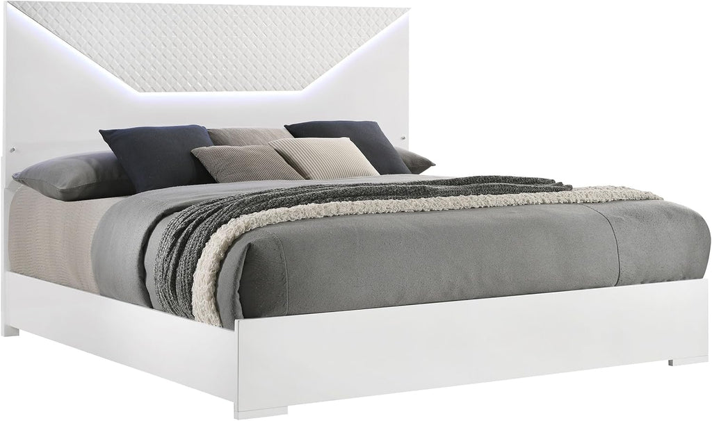 Coaster Home Furnishings Ives Contemporary Wood Queen Size LED Panel Bed Frame 57-inch Headboard White High Gloss 224941Q
