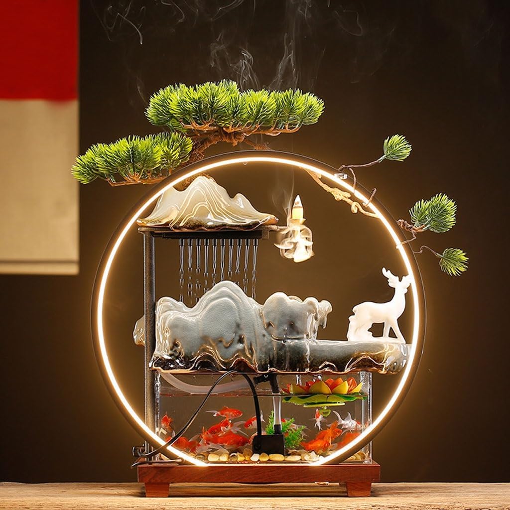 GUERNSEY Tabletop Fountain Chinese-Style Flowing Water Ornaments Rockery Circulating Water Desktop Fountain Office Desktop Fish Tank Ornaments Indoor Waterfall Feature Indoor Fountain