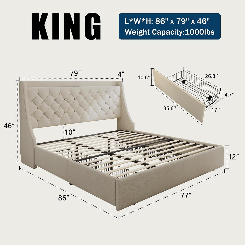 GalnFu King Size Bed Frame with 4 Storage Drawers, Giant Upholstered Wingback Headboard, Fast Charging Station, No Box Spring Needed, Noise-Free, Beige