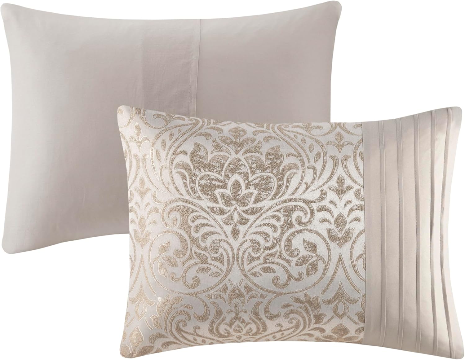 Madison Park Emilia Bed in a Bag Comforter Set with Sheets, Gold Metallic Jacquard Damask Design, Traditional, All Season Bedding Includes Bedskirt, Shams, Toss Pillows, Cal King Khaki/Gold 12 Piece