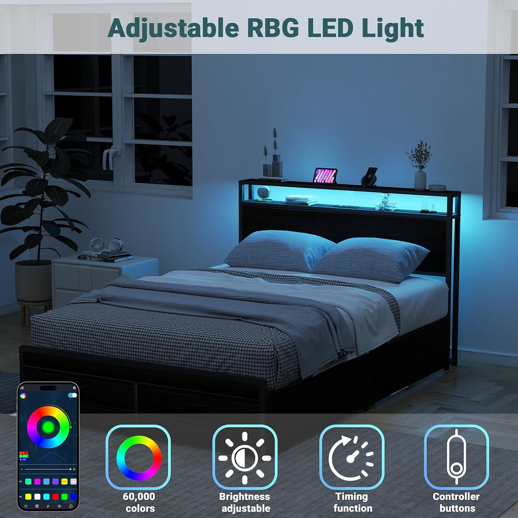 Zevemomo Queen Bed Frames with Headboard, Queen Size Storage Bed Frame with 8 Drawers, Built-in Charging Ports & Outlets, Adjustable Atmospheric LED Lights, Queen-Size Metal Foundation Beds, Black
