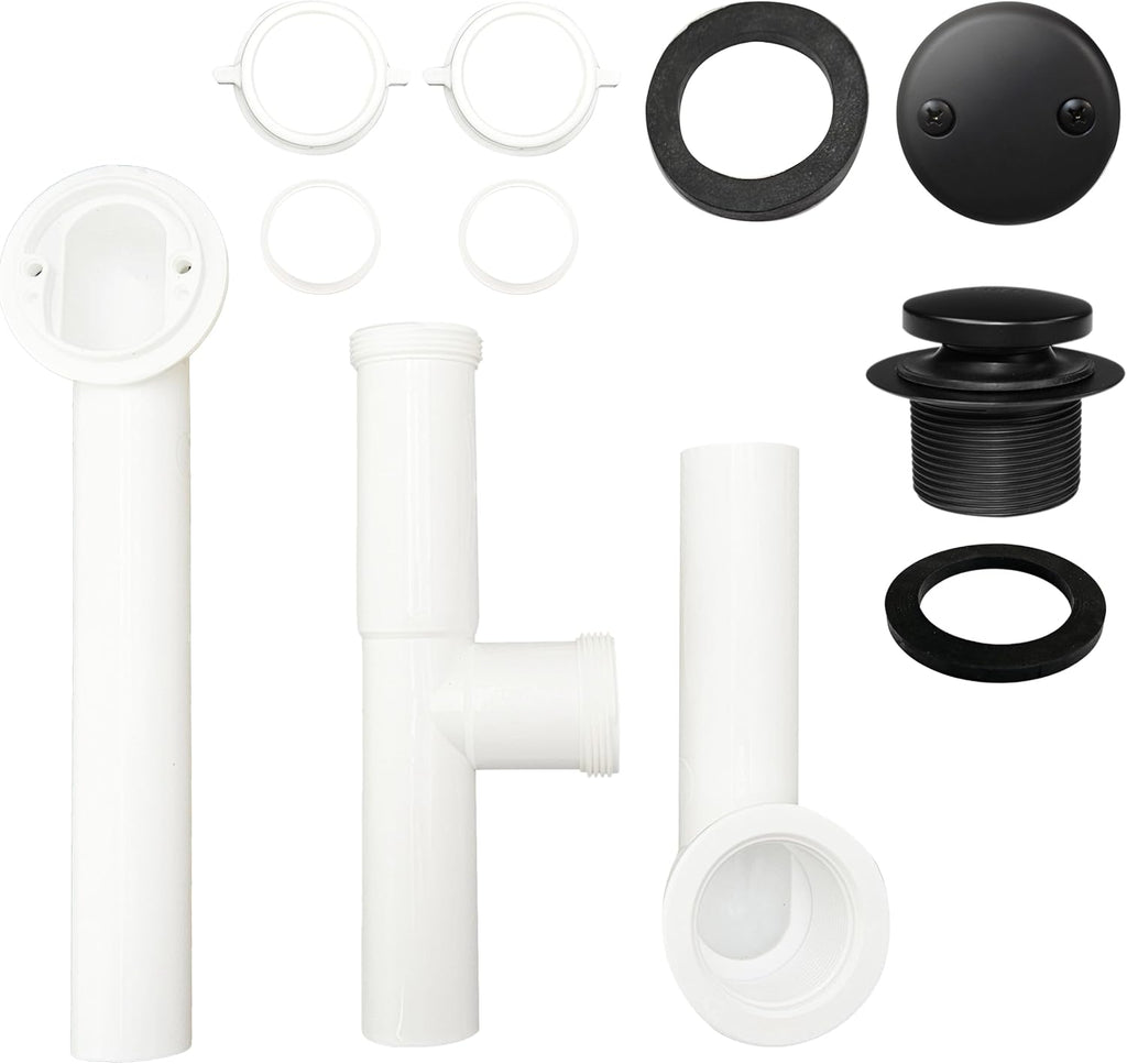 Westbrass 593244-12-62 14' x 1-1/2' White Tubular Bathtub Waste & Overflow Assembly with Tip-Toe Drain Plug and 2-Hole Faceplate, Matte Black (12-Pack)