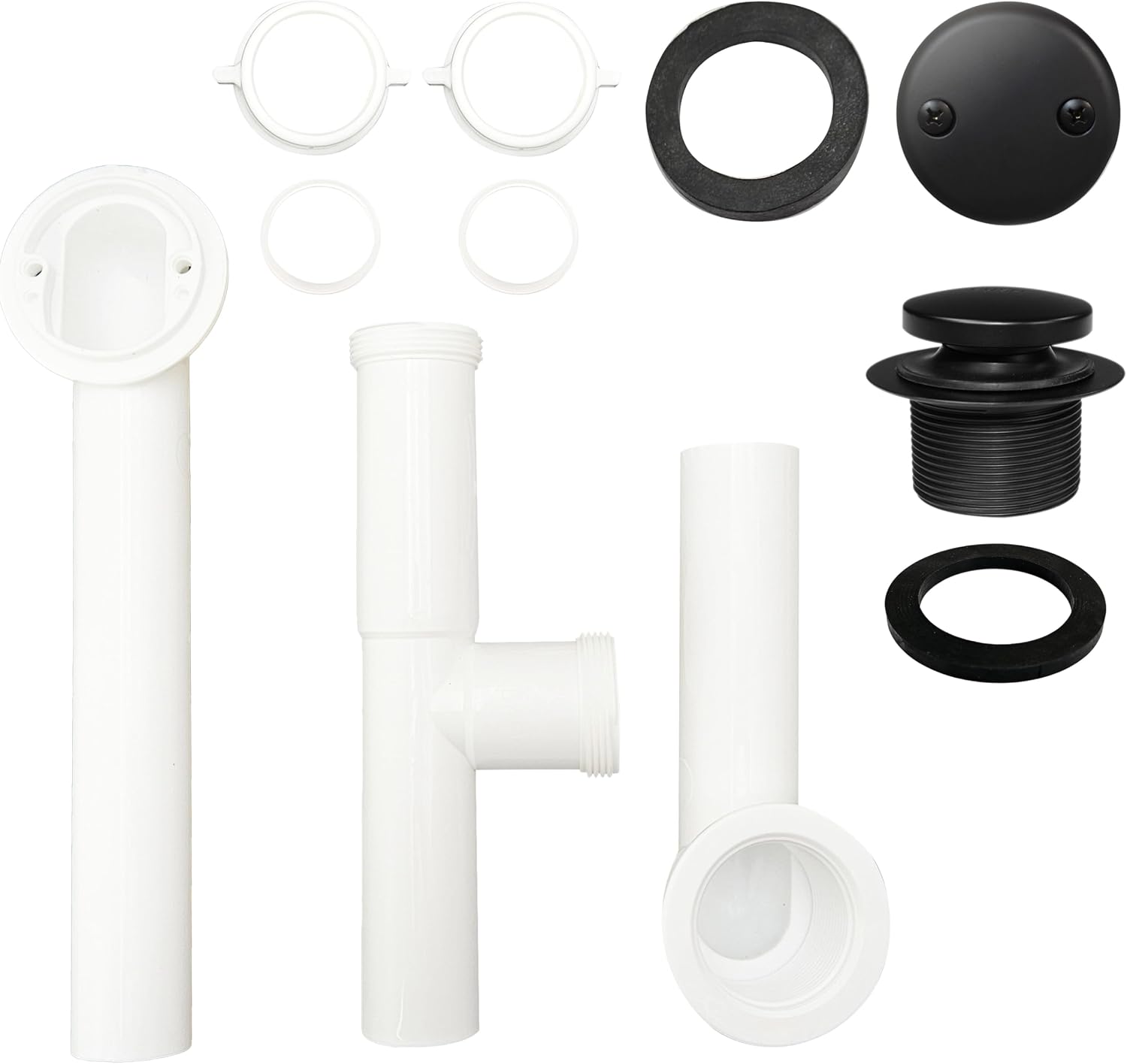 Westbrass 593244-12-62 14' x 1-1/2' White Tubular Bathtub Waste & Overflow Assembly with Tip-Toe Drain Plug and 2-Hole Faceplate, Matte Black (12-Pack)