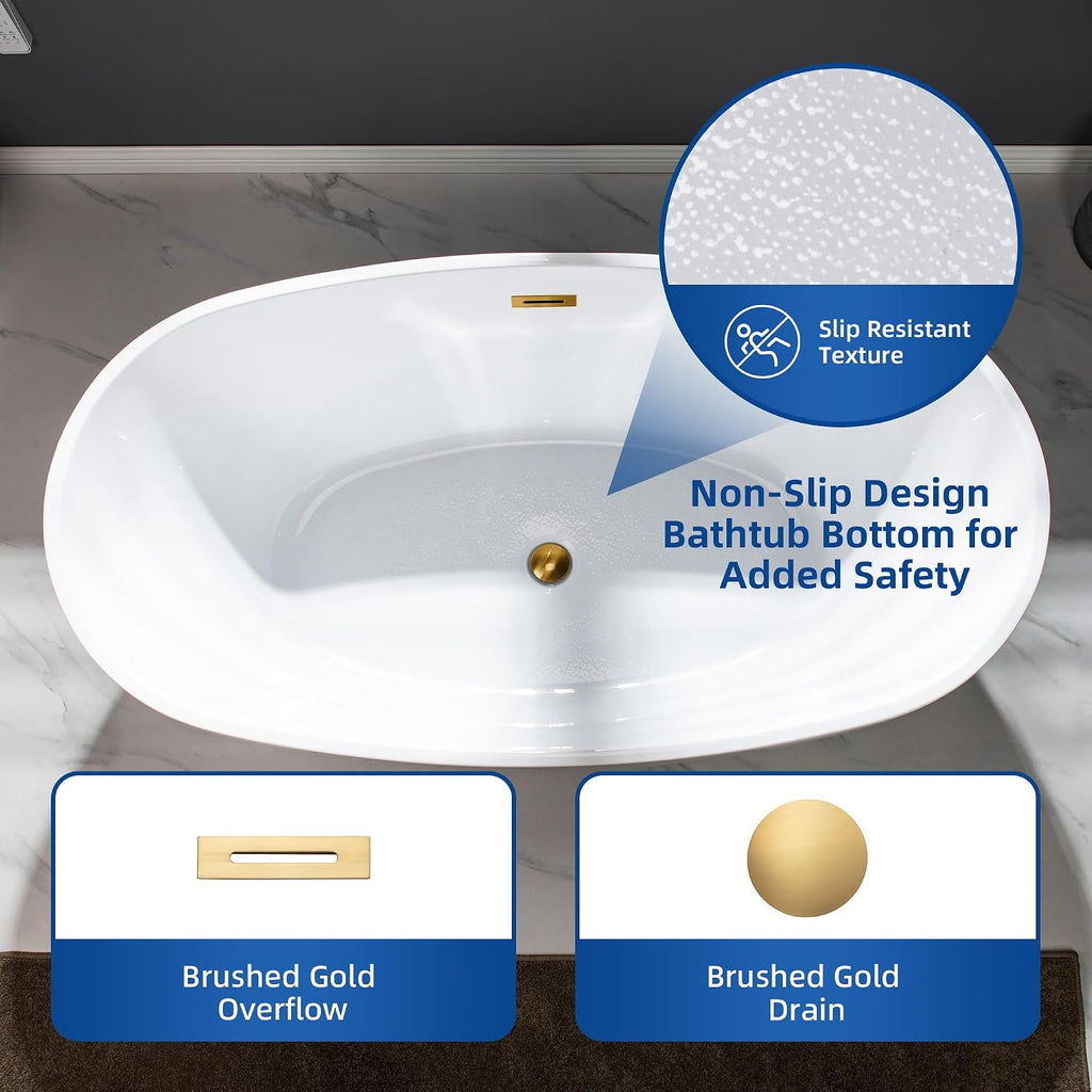 WOODBRIDGE 55' Acrylic Freestanding Bathtub Contemporary Soaking White Tub with Brushed Gold Overflow and Drain,B1418-BG